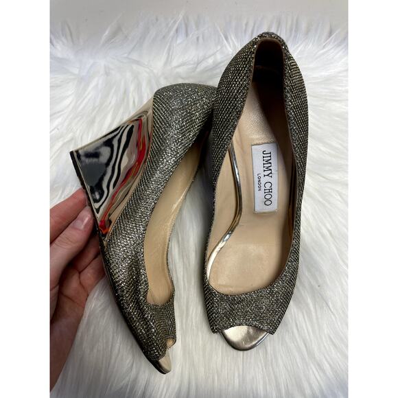 JIMMY CHOO Baxen Peep-Toe Wedge Heel Pumps Metallic Glitter Gold Size 35.5 - Picture 1 of 10